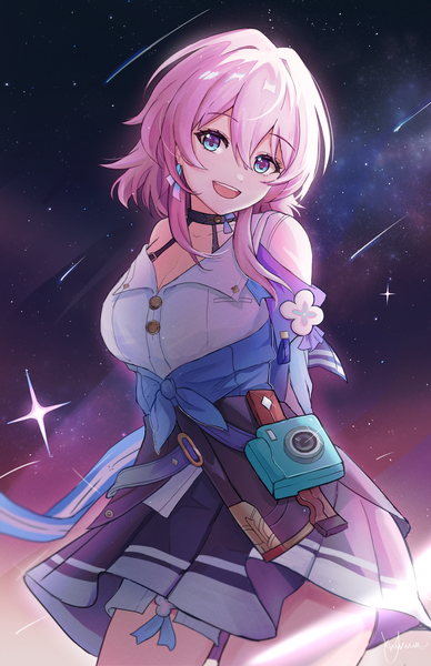 Anime picture 2200x3400 with honkai: star rail honkai (series) march 7th (honkai: star rail) kato yuurina single tall image looking at viewer fringe highres short hair open mouth hair between eyes bare shoulders pink hair head tilt :d hands behind back multicolored eyes shooting star milky way