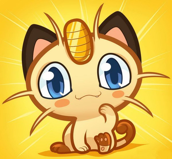 Anime picture 1130x1044 with pokemon nintendo meowth single looking at viewer blush blue eyes simple background sitting tail teeth fang (fangs) no people yellow background gen 1 pokemon animal cat pokemon (creature) mustache