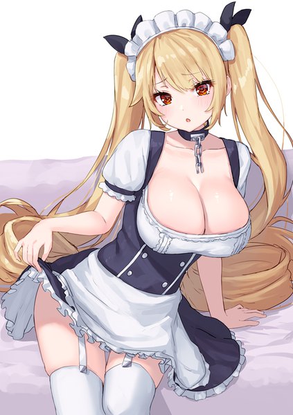 Anime-Bild 565x800 mit azur lane nelson (azur lane) pensuke single long hair tall image blush fringe breasts open mouth light erotic blonde hair red eyes large breasts sitting twintails payot cleavage head tilt arm support