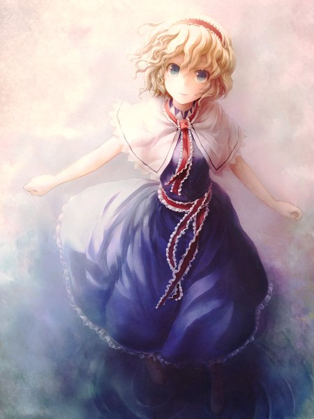 Anime picture 1800x2400 with touhou alice margatroid single tall image looking at viewer highres short hair blue eyes blonde hair smile girl dress water frills hairband blue dress