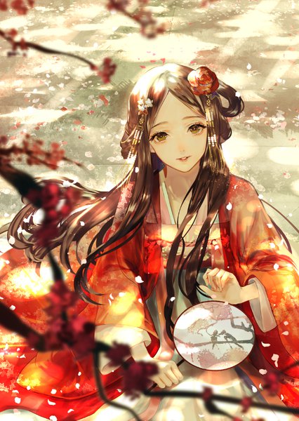 Anime picture 626x882 with original say hana single long hair tall image looking at viewer brown hair outdoors traditional clothes parted lips hair flower lips sunlight wide sleeves chinese clothes sunbeam girl hair ornament flower (flowers) petals