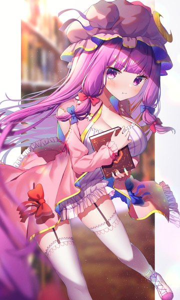 Anime picture 1200x2000 with touhou patchouli knowledge kiramarukou single long hair tall image blush fringe breasts light erotic large breasts purple eyes bare shoulders cleavage purple hair blunt bangs leaning leaning forward outside border pillarboxed