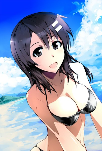 Anime picture 800x1184 with photokano niimi haruka cosaten (artist) single long hair tall image looking at viewer blush breasts open mouth light erotic black hair smile large breasts sky cloud (clouds) black eyes beach mountain girl