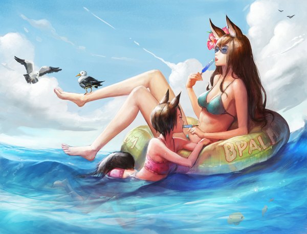 Anime picture 1280x979 with original narongchai singhapand short hair brown hair multiple girls animal ears cloud (clouds) animal tail barefoot hair flower mouth hold eating afloat girl hair ornament 2 girls swimsuit animal bikini water