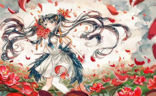 Anime-Bild 1100x680 mit vocaloid hatsune miku vima single looking at viewer blue eyes wide image twintails blue hair very long hair girl dress flower (flowers) ribbon (ribbons) hair ribbon petals
