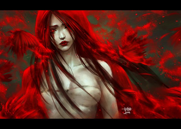 Anime picture 1400x1000 with original mara (original character) nanfe single long hair looking at viewer fringe breasts black hair red eyes large breasts signed cleavage red hair multicolored hair lips hair over one eye realistic two-tone hair lipstick