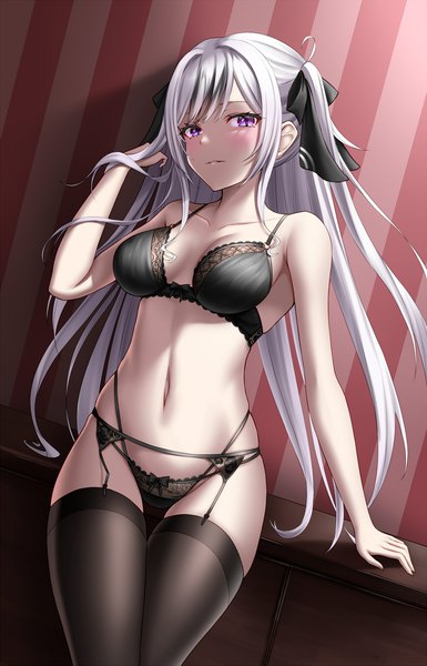 Anime picture 867x1350 with azur lane elbe (azur lane) naga (pixiv70891418) single long hair tall image looking at viewer fringe breasts light erotic standing purple eyes silver hair indoors parted lips arm up two side up dutch angle underwear only thigh gap