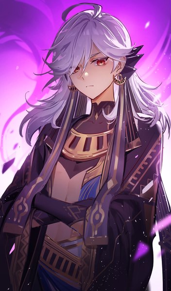 Anime picture 1500x2555 with genshin impact cyno (genshin impact) ojae (waternaeng) single long hair tall image looking at viewer fringe red eyes silver hair upper body ahoge hair over one eye crossed arms no hat boy earrings