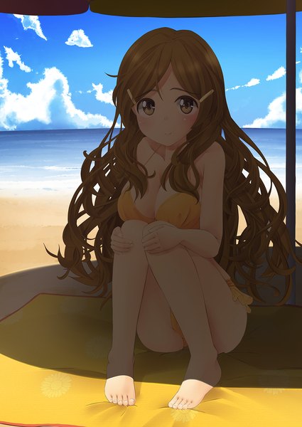 Anime picture 1175x1658 with vividred operation shinomiya himawari nekobaka single long hair tall image blush light erotic smile brown hair brown eyes sky beach girl hair ornament swimsuit bikini bobby pin