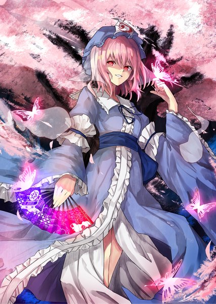 Anime picture 1051x1476 with touhou saigyouji yuyuko eisuto tall image fringe short hair red eyes standing holding looking away pink hair traditional clothes parted lips japanese clothes fingernails wind wide sleeves from below cherry blossoms girl