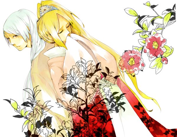 Anime picture 1800x1400 with maya wa eco (mayoko) long hair highres blonde hair red eyes white background white hair ponytail eyes closed japanese clothes hair flower couple back to back girl boy hair ornament flower (flowers)