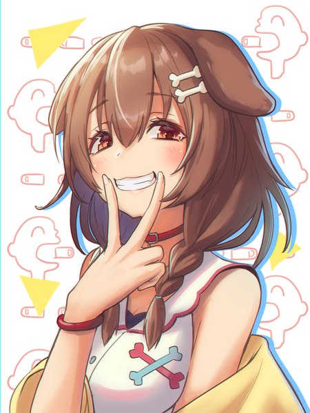 Anime picture 750x1000 with virtual youtuber hololive inugami korone bob-the-bison single long hair tall image looking at viewer blush fringe smile hair between eyes brown hair brown eyes animal ears upper body braid (braids) twin braids grin dog ears