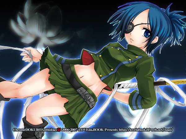 Anime picture 1600x1200 with katekyou hitman reborn chrome dokuro dokuro chrome single looking at viewer short hair blue eyes holding blue hair bent knee (knees) ponytail parted lips bare belly character names arm behind back weightlessness girl uniform flower (flowers) belt