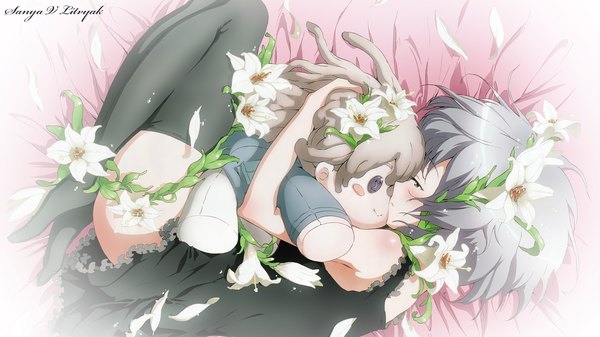 Anime picture 1920x1080 with strike witches sanya v. litvyak eila ilmatar juutilainen masano fusako single blush highres short hair light erotic wide image bare shoulders green eyes silver hair lying hair flower no shoes hug on side third-party edit girl
