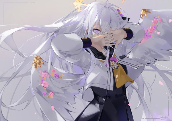 Anime picture 1754x1240 with blue archive azusa (blue archive) dema hmw single long hair looking at viewer highres purple eyes silver hair upper body covering interlocked fingers covering face girl flower (flowers) wings halo