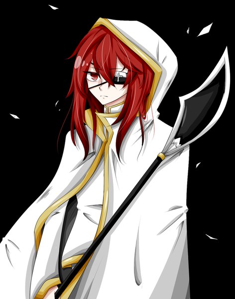 Anime picture 740x941 with noblesse urokai agvain tagme (artist) single long hair tall image looking at viewer fringe simple background hair between eyes red eyes standing holding upper body red hair black background boy weapon hood cloak