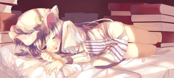 Anime picture 2011x900 with touhou patchouli knowledge zeko (artist) long hair highres wide image purple hair crescent girl hat pillow book (books)