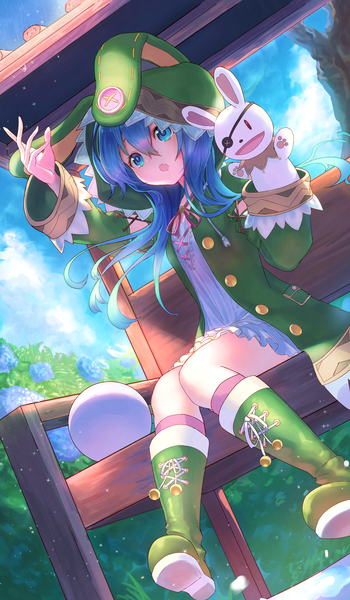 Anime picture 3500x6000 with date a live yoshino (date a live) yoshinon hayataku1234 single long hair tall image fringe highres blue eyes hair between eyes sitting blue hair looking away absurdres sky cloud (clouds) full body outdoors open jacket