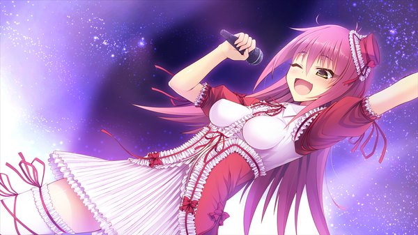 Anime picture 1280x720 with aisare roommate single long hair blush open mouth wide image yellow eyes pink hair game cg one eye closed wink girl thighhighs dress hat white thighhighs frills microphone