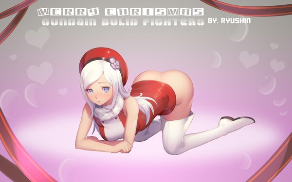 Anime picture 1920x1200 with mobile suit gundam gundam build fighters sunrise (studio) aila jyrkiainen ryushin single long hair looking at viewer highres blue eyes light erotic wide image white hair christmas merry christmas girl dress heart thigh boots beret