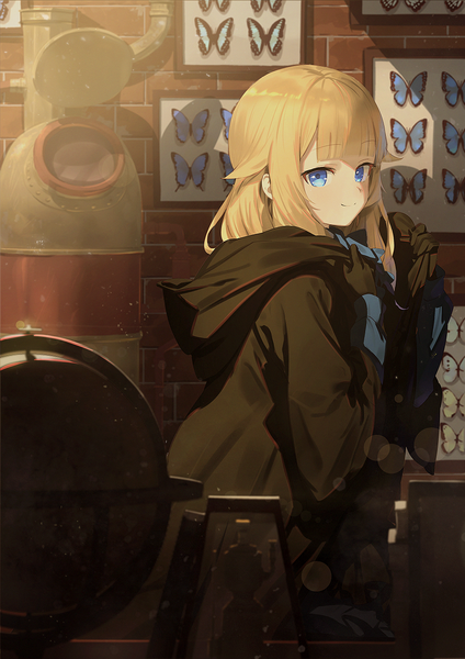 Anime picture 955x1351 with princess principal princess (princess principal) wasabi60 single long hair tall image looking at viewer blush fringe blue eyes blonde hair smile standing holding indoors blunt bangs long sleeves brick wall girl gloves
