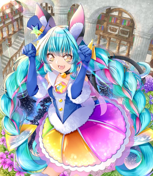 Anime picture 2807x3241 with precure star twinkle precure toei animation yuni (precure) cure cosmo yuutarou (fukiiincho) single tall image highres open mouth animal ears yellow eyes tail braid (braids) very long hair :d animal tail multicolored hair cat ears aqua hair