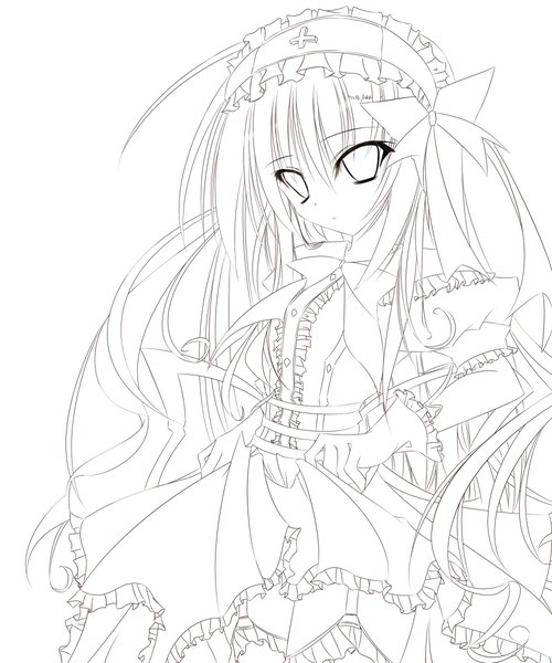 Anime picture 2000x2400 with original akeyama kitsune single long hair tall image looking at viewer fringe highres simple background hair between eyes standing white background frilled dress sketch lineart girl dress gloves frills headdress