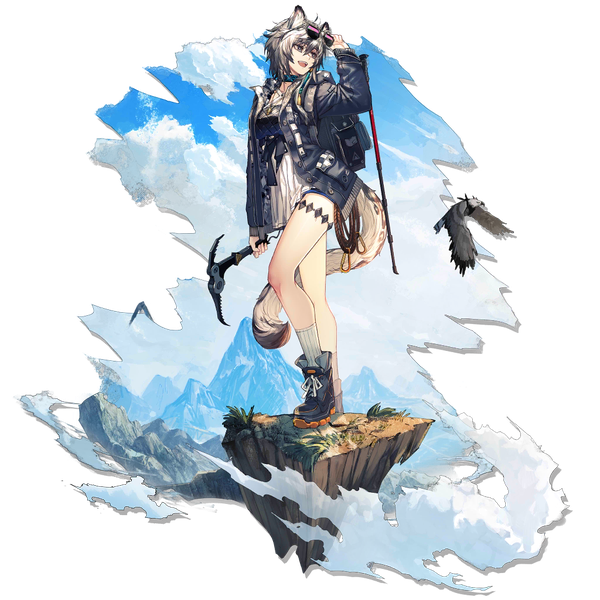 Anime picture 1024x1024 with arknights tenzin (arknights) cliffheart (arknights) cliffheart (lone climber) (arknights) ryuuzaki ichi single fringe short hair open mouth hair between eyes animal ears looking away sky cloud (clouds) full body tail :d animal tail grey hair open jacket