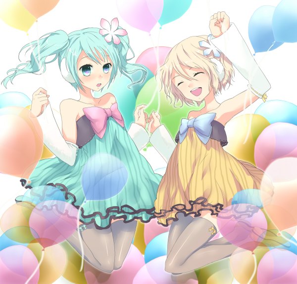 Anime picture 1200x1151 with project diva project diva 2nd vocaloid colorful x melody (vocaloid) hatsune miku kagamine rin plastick short hair open mouth blonde hair smile twintails multiple girls eyes closed hair flower aqua eyes aqua hair girl thighhighs dress