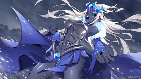 Anime picture 1920x1080 with maplestory maplestory 2 erda (maplestory 2) queasy s single long hair highres breasts open mouth blue eyes light erotic wide image standing signed looking away outdoors white hair fingernails wind pointy ears