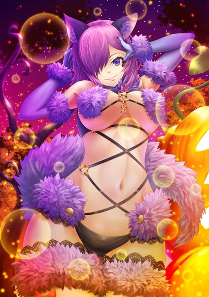 Anime picture 2480x3508 with fate (series) fate/grand order mash kyrielight dangerous beast fujifuji924 single tall image looking at viewer fringe highres short hair breasts light erotic smile large breasts standing purple eyes bare shoulders animal ears purple hair