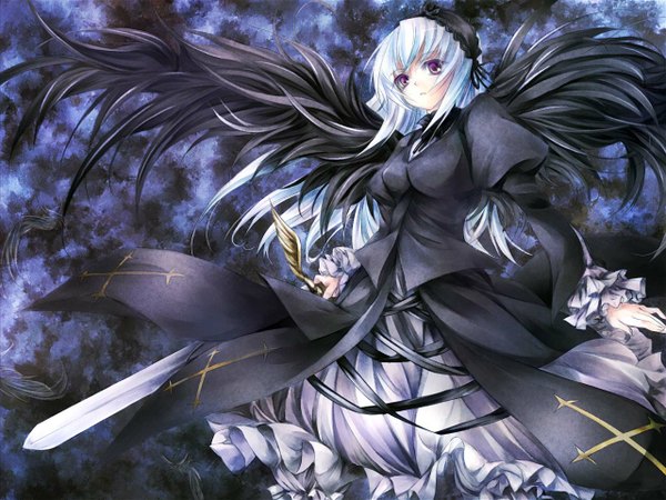 Anime picture 1280x960 with rozen maiden suigintou single long hair looking at viewer open mouth purple eyes silver hair gothic girl sword wings headdress feather (feathers) cross