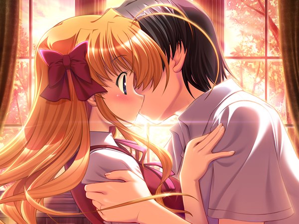 Anime picture 1024x768 with fortune arterial august soft sendou erika hasekura kouhei long hair short hair blue eyes black hair game cg orange hair kiss girl boy serafuku