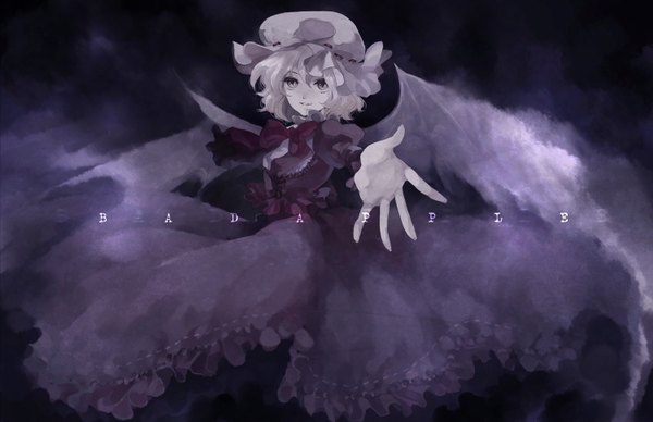 Anime picture 1500x972 with touhou remilia scarlet mozzu single looking at viewer short hair blonde hair black eyes dark background outstretched hand bat wings girl dress bow wings frills bowtie bonnet hand