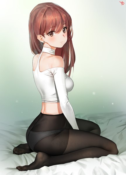 Anime picture 1000x1391 with original yd (orange maru) single long hair tall image looking at viewer blush fringe breasts light erotic simple background hair between eyes brown hair sitting bare shoulders brown eyes signed full body bent knee (knees) ass