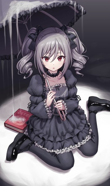 Anime picture 1000x1681 with idolmaster idolmaster cinderella girls kanzaki ranko deadnooodles single tall image looking at viewer fringe short hair open mouth hair between eyes red eyes sitting twintails holding full body grey hair puffy sleeves drill hair wariza