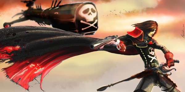 Anime picture 1200x600 with uchuu kaizoku captain harlock toei animation captain harlock tagme (artist) single long hair red eyes brown hair wide image standing signed sky cloud (clouds) orange hair torn clothes skull and crossbones pirate skull print boy gloves