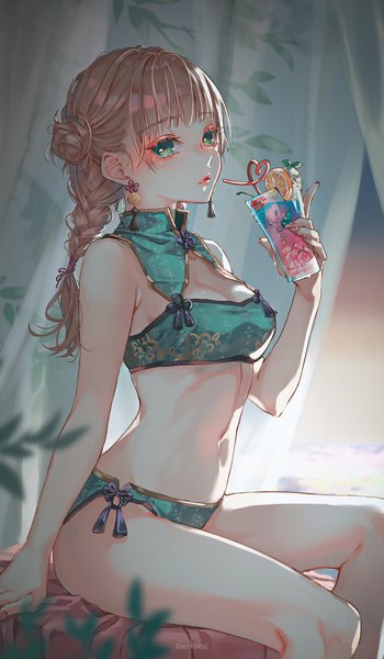 Anime picture 1400x2400 with original ao+beni single long hair tall image looking at viewer fringe breasts light erotic brown hair sitting holding green eyes blunt bangs nail polish parted lips fingernails arm support hair bun (hair buns) nail art