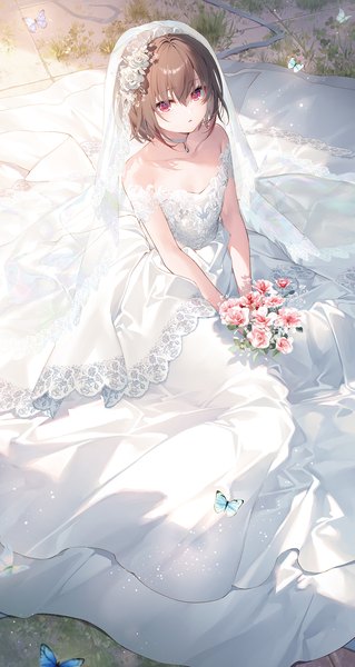 Anime picture 1090x2048 with seiken gakuin no maken tsukai shary corvette toosaka asagi single tall image looking at viewer blush fringe short hair breasts hair between eyes red eyes brown hair sitting bare shoulders holding full body outdoors hair flower from above
