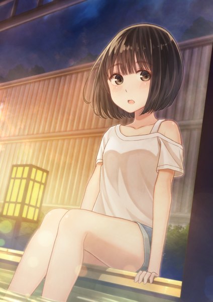 Anime picture 1457x2064 with original tanbonota46 single tall image looking at viewer blush fringe short hair open mouth brown hair sitting bare shoulders brown eyes cloud (clouds) outdoors off shoulder night arm support :o night sky