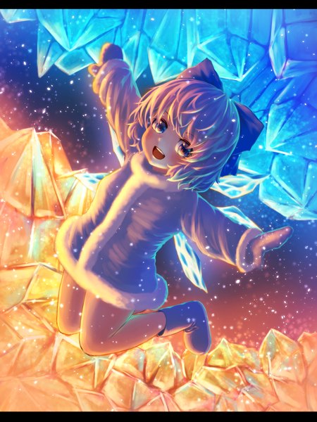 Anime picture 1600x2133 with touhou cirno pyonsuke (pyon2 mfg) single tall image looking at viewer blush fringe short hair open mouth blue eyes smile blue hair bent knee (knees) :d from above teeth alternate costume happy snowing