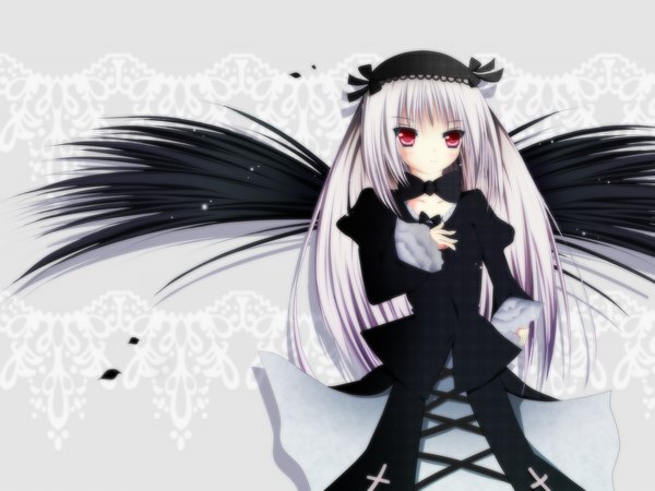 Anime picture 1000x750 with rozen maiden suigintou single long hair blush red eyes white hair girl dress bow petals wings headdress