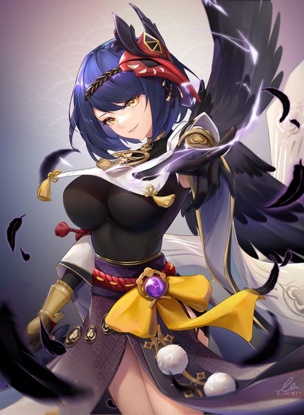 Anime picture 1200x1636 with genshin impact kujou sara liu liaoliao single tall image short hair breasts light erotic large breasts yellow eyes blue hair looking away black wings mask on head electricity girl gloves wings black gloves feather (feathers)