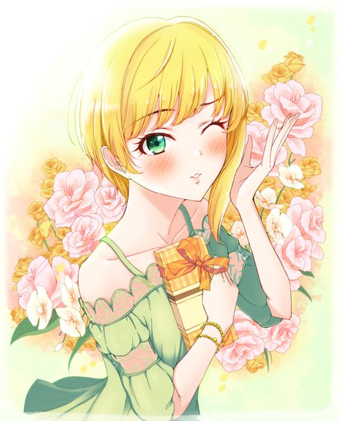 Anime picture 1133x1398 with idolmaster idolmaster cinderella girls miyamoto frederica fumiya-taketatsu single tall image looking at viewer blush fringe short hair simple background blonde hair standing holding green eyes upper body blunt bangs parted lips one eye closed wink