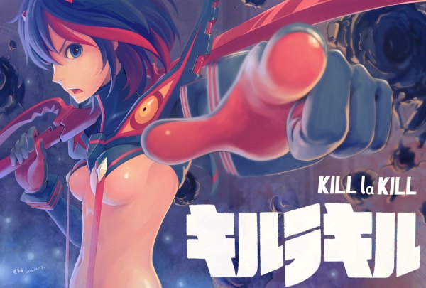 Anime picture 1200x810 with kill la kill studio trigger matoi ryuuko tyc001x single looking at viewer short hair breasts open mouth blue eyes light erotic black hair red hair profile multicolored hair inscription two-tone hair streaked hair copyright name sideboob
