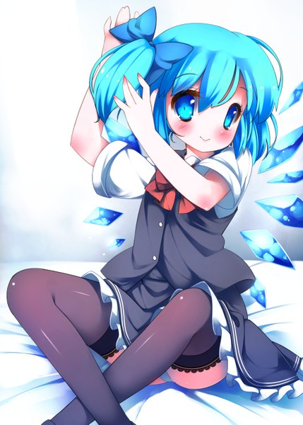 Anime picture 1000x1399 with touhou cirno zefa (neoaltemice) single tall image looking at viewer blush short hair blue eyes light erotic simple background smile white background blue hair pantyshot one side up pantyshot sitting girl thighhighs dress