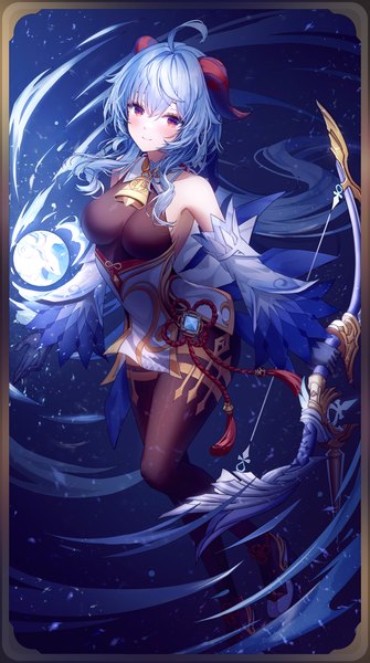 Anime picture 3500x6268 with genshin impact ganyu (genshin impact) torrentduck single tall image looking at viewer blush fringe highres breasts light erotic hair between eyes red eyes bare shoulders holding blue hair absurdres ahoge very long hair horn (horns)