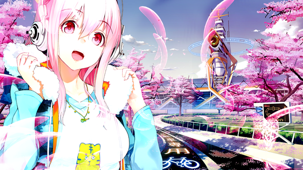 Anime picture 1366x768 with mirai millenium nitroplus super sonico shirabi pinakes single long hair breasts open mouth wide image pink hair sky pink eyes cherry blossoms girl plant (plants) tree (trees) headphones pendant road