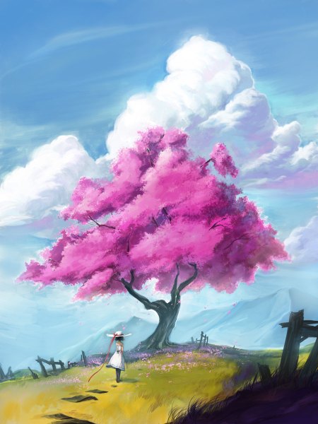 Anime picture 900x1200 with original asuka111 single tall image short hair black hair brown hair standing bare shoulders sky cloud (clouds) wind cherry blossoms back landscape girl dress plant (plants) hat tree (trees)