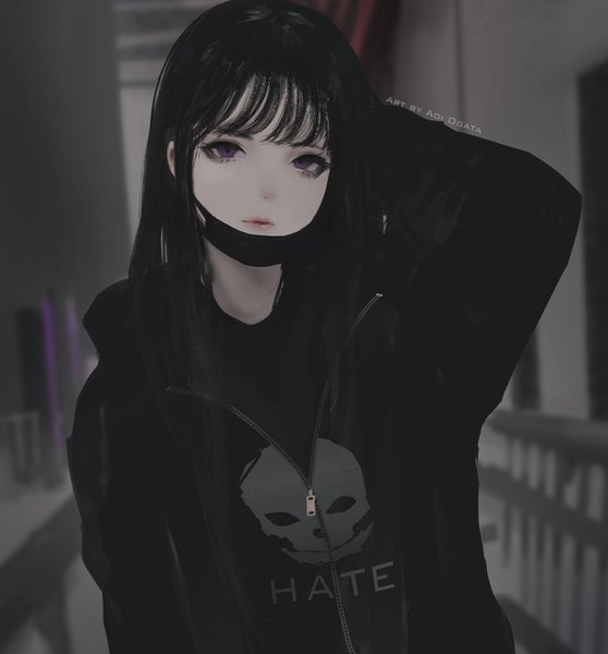 Anime picture 1190x1280 with original hate-chan (aoi ogata) aoi ogata single long hair tall image looking at viewer fringe black hair purple eyes head tilt lips arm behind head eyeshadow clothes writing girl jacket mask zipper